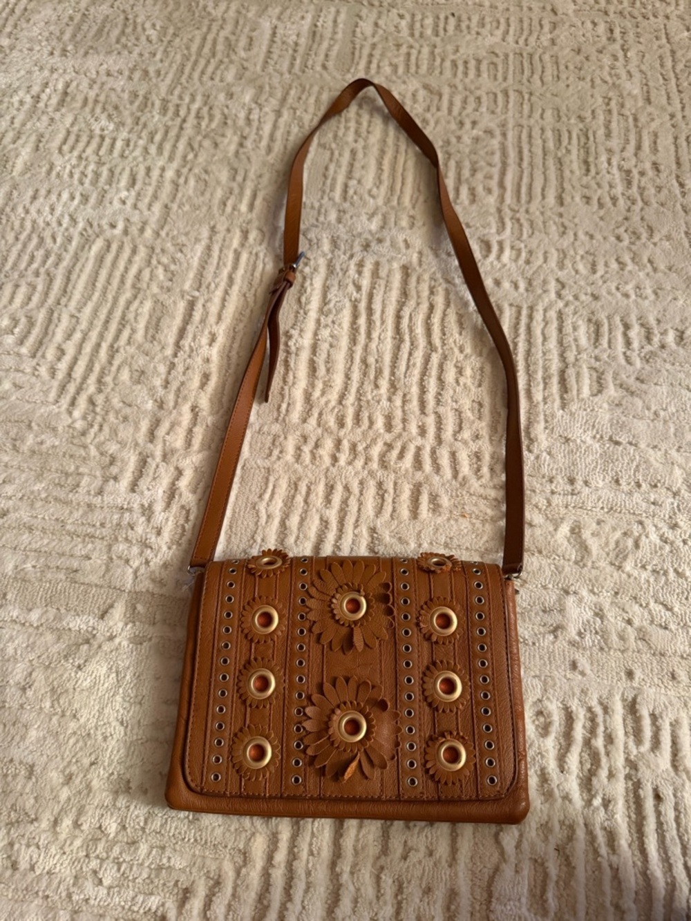 Punto Fibbia Genuine Leather Women’s Tan Floral-Accent Crossbody Bag